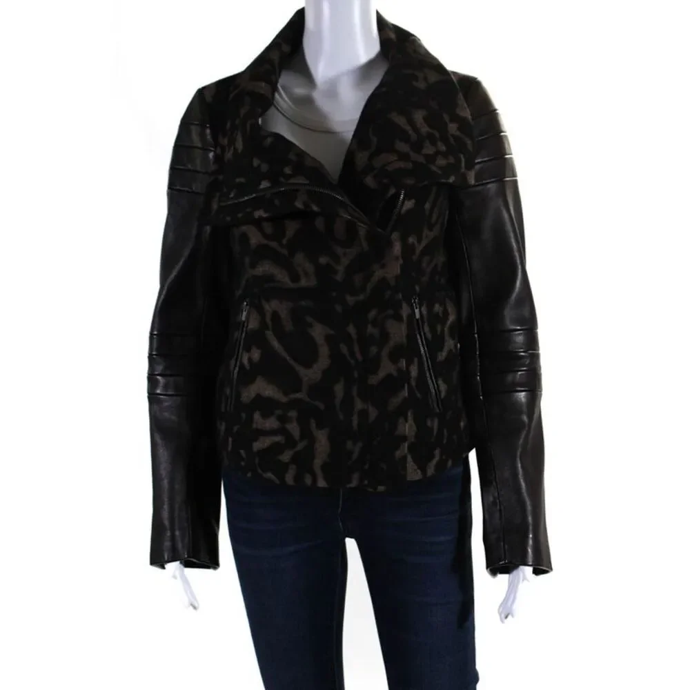Diane Von Furstenberg Womens Wool Jacquard Leather Sleeve Jacket Black Size 6